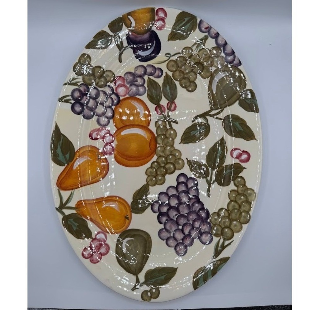 Vintage WCL Fruit Harvest Oval Serving Platter Hand Painted Grapes Pears Peaches
